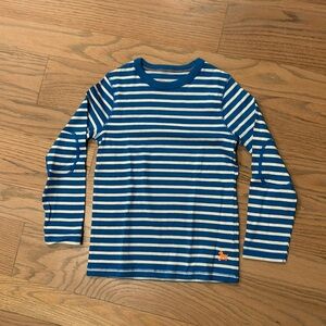 EUC Mini Boden blue and white striped long sleeve elbow patch shirt size 6-7